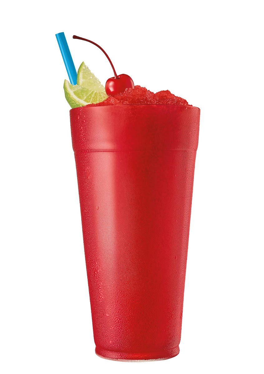 A large SONIC Cherry Limeade slush with a lime wedge and a cherry